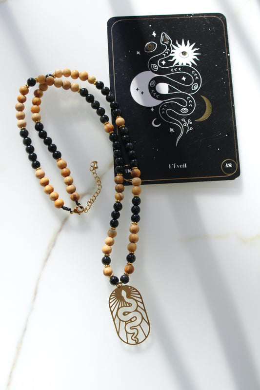 Collier long serpiente - Obsidienne Oeil Celeste & Palo Santo